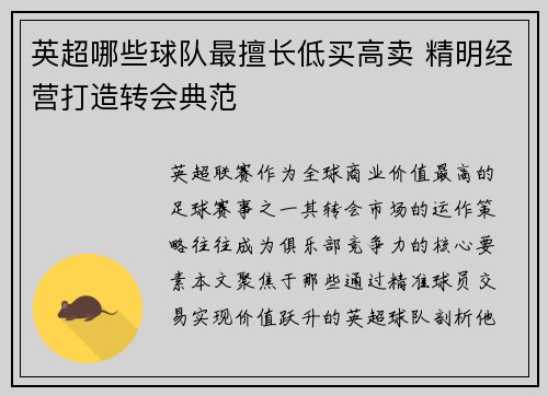 英超哪些球队最擅长低买高卖 精明经营打造转会典范